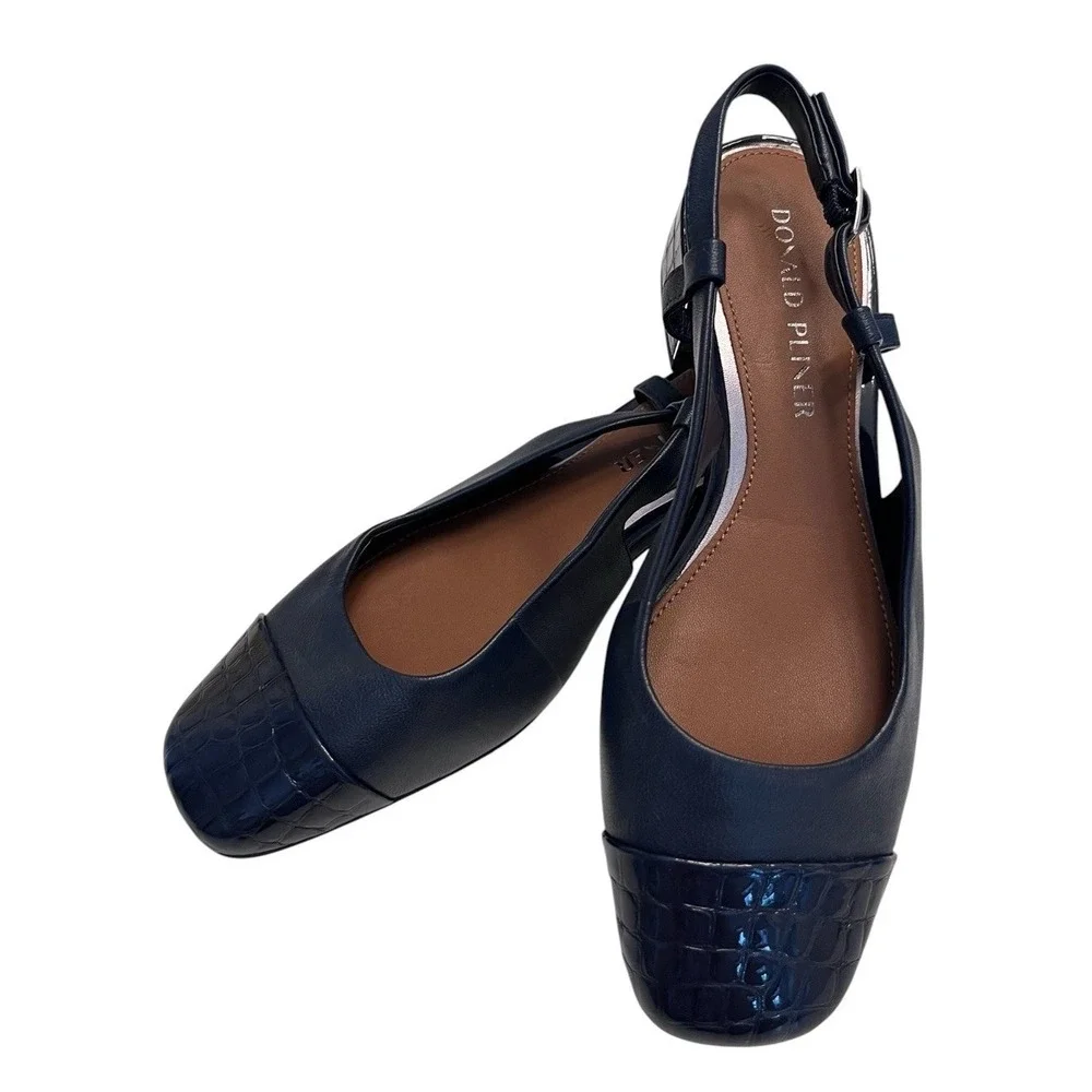 New DONALD PLINER Sz 6M Heels Davina Slingback Navy Blue Croc Embossed Cap Toe